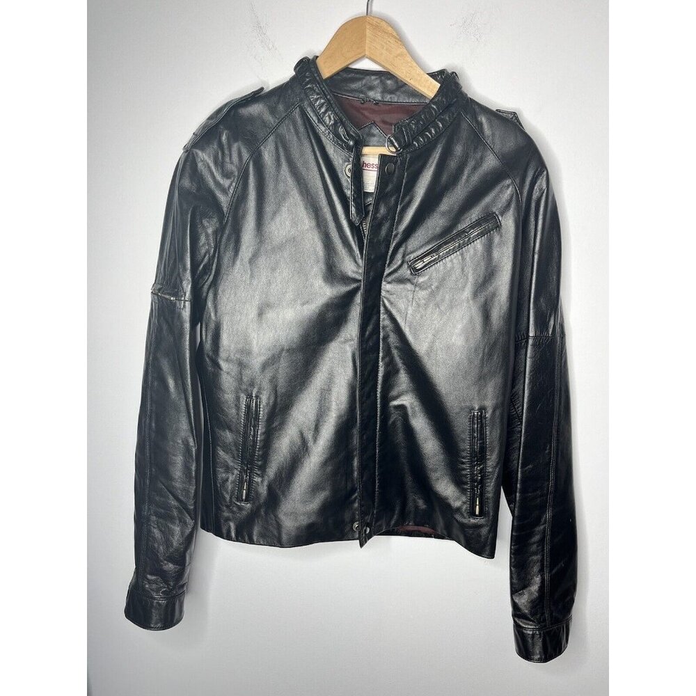 Vtg Chessking Black Leather Jacket Biker‎ Size 40